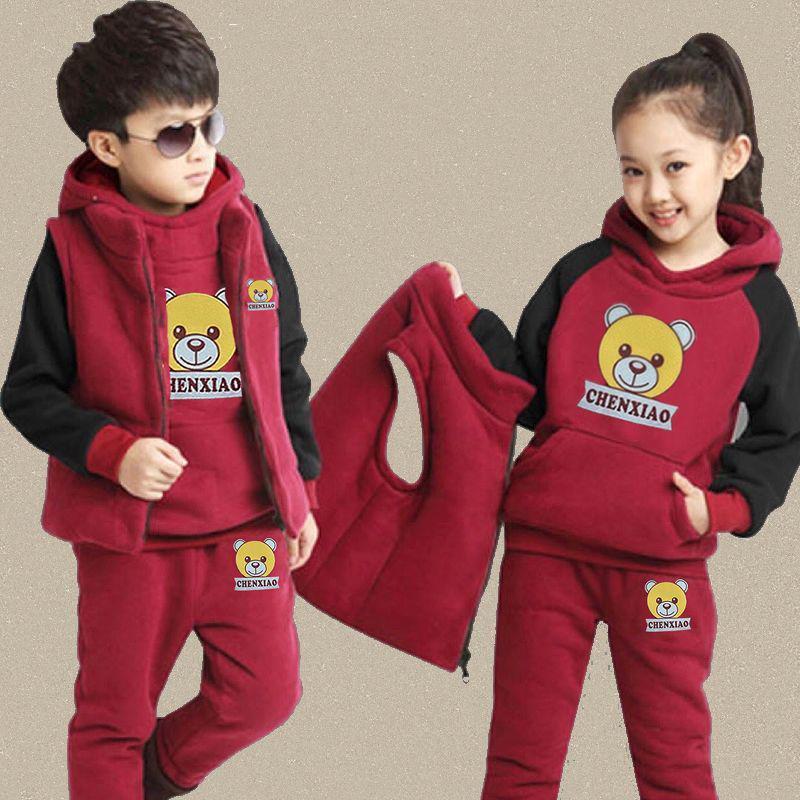 Traje cálido de invierno de tres piezas para niño y niña: Incluye Sudadera y Ropa con Forro de Terciopelo para Edades de 4 a 9 140 yards marrón/rojo