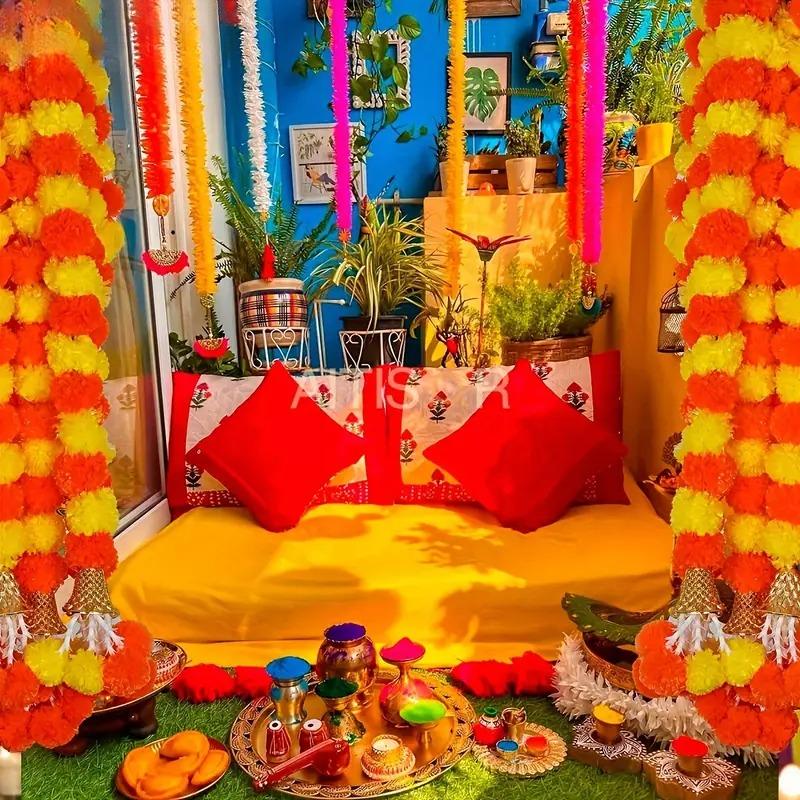 Artificial Marigold Flower Garland Plastic Wreath for Diwali Festival Mexican Day of The Dead Christmas Party Home Decoration