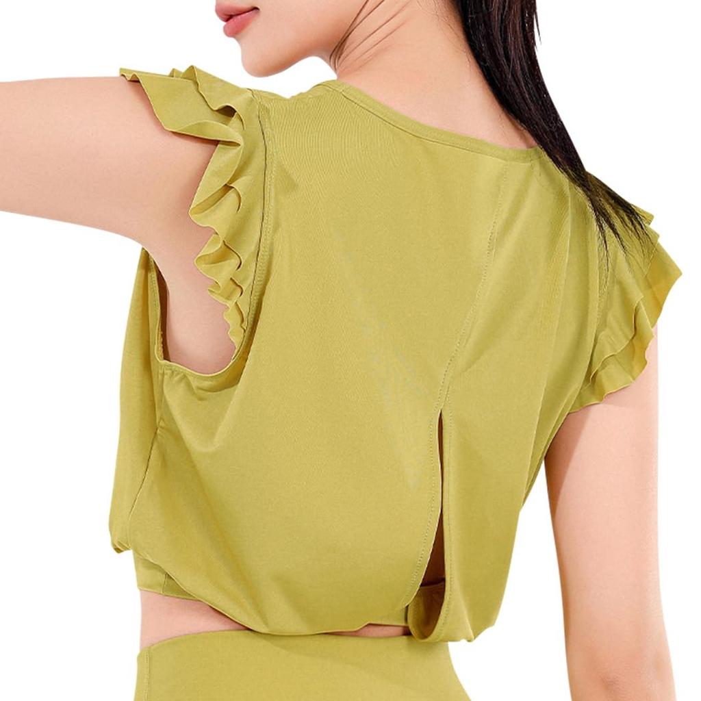 DAYCLOSET Yoga French Sleeve yoga153 Women's Top, Pullover, Tiered, Ruffled, Lightweight, Stretchy, Quick-Drying, (Size L, Mustard)