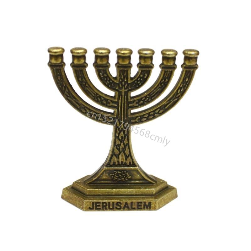 Traditional Menorah 7 Branch Je Holder 12 Tribes of Israel Jerusalem Temple Candlestick Home Desktop Ornament 6XDE