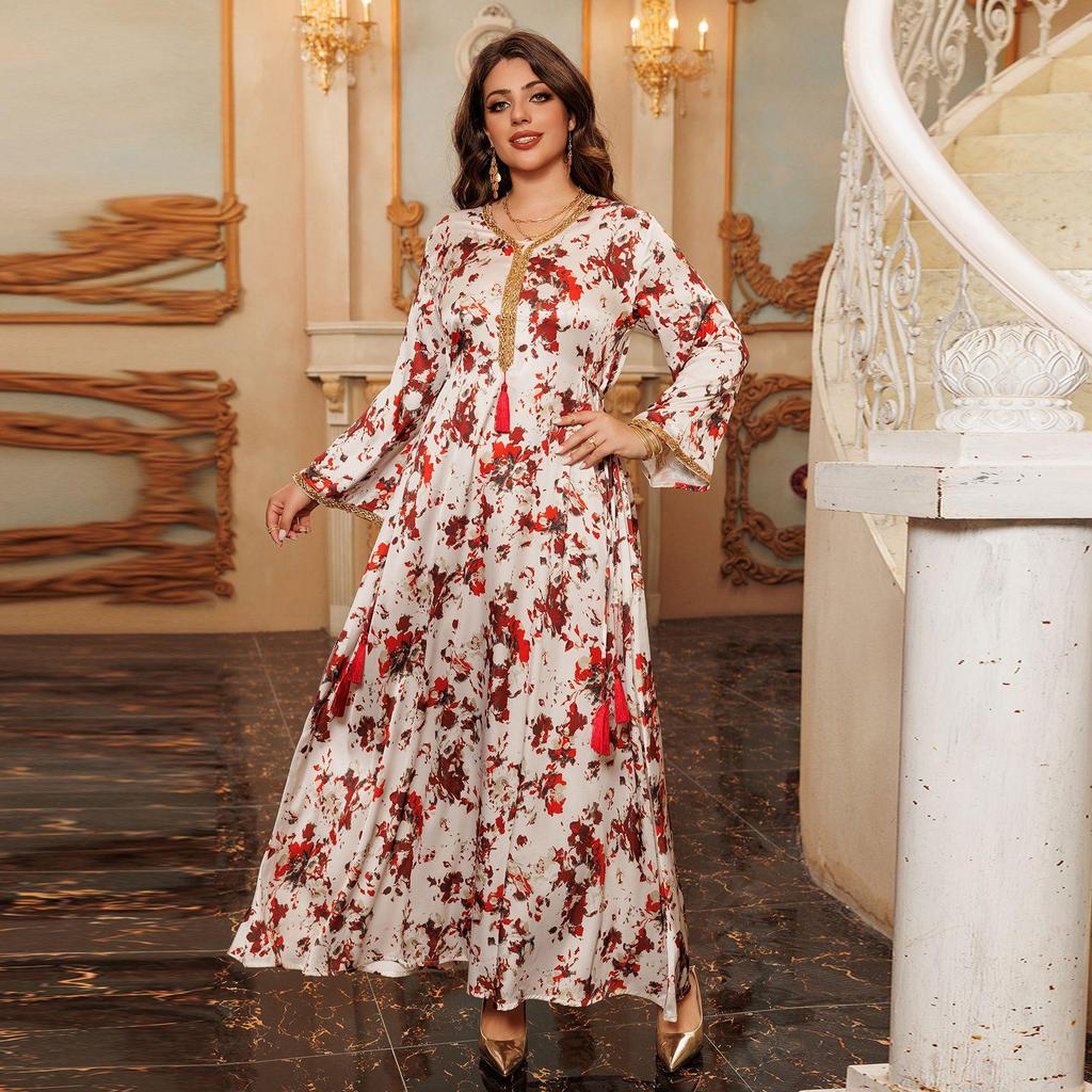 2024 Autumn/Winter Middle East-Style Elegant Print Long Robe for Home Wear