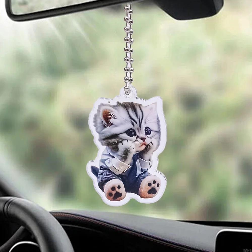 Pingente Acrílico em Forma de Gato Pendurado no Espelho Retrovisor do Carro Pingente de Gato Fofo com Cordão Acessórios de Decoração de Interior Automotivo Presentes