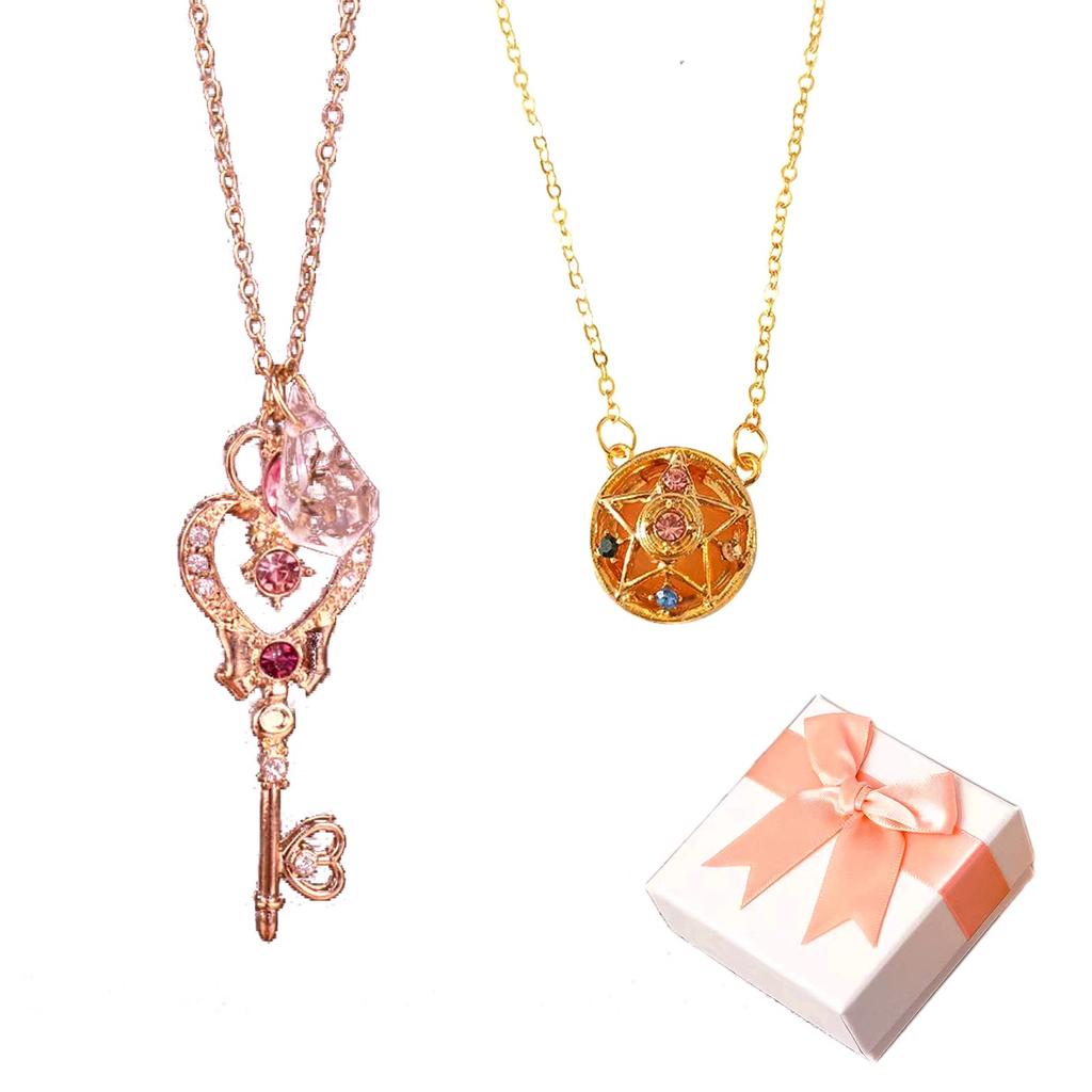 Sailor Moon Halskette für Schlüssel der Zeit und Kristallstern-Kompaktpuder Pretty Guardian Accessoire Kosmetik Frauen, Weltraum, Halskette, Anhänger,