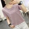 Women's Cotton Short-sleeved T-shirt Women's Summer Loose Striped V-neck Top Half-sleeved