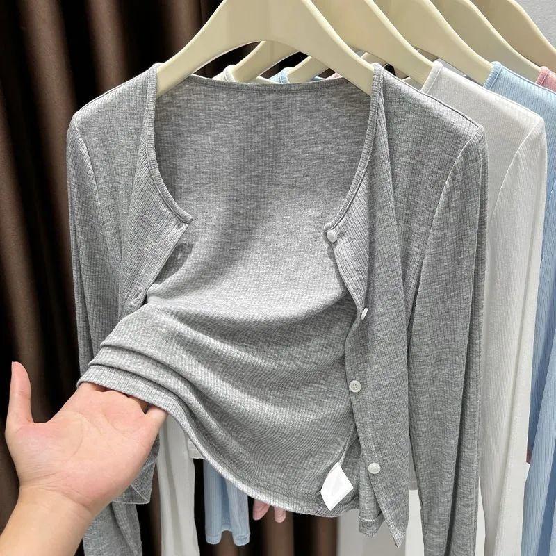 Women Grey Ribbed Thin Cardigan Shawl, Lightweight Sun Protection Air Conditioner Coat Office Summer Outerwear Cover Up
