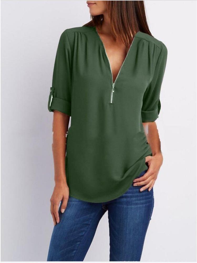 Women's Plus Size Loose Fit V-neck Chiffon Shirt with Long Sleeves and Adjustable Zipper