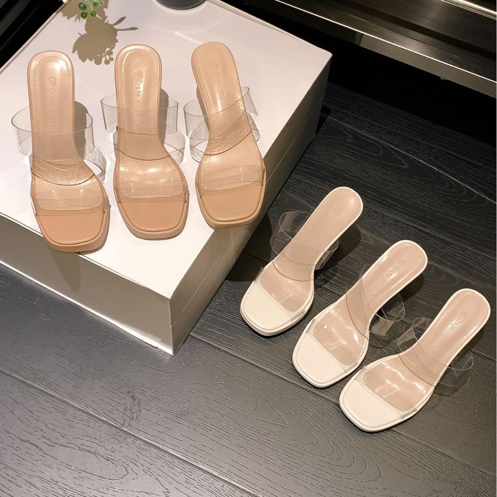 Transparent high-heeled sandals for women's 2025 summer new one-word with thick-soled waterproof table thick-heeled crystal slippers for women's ou