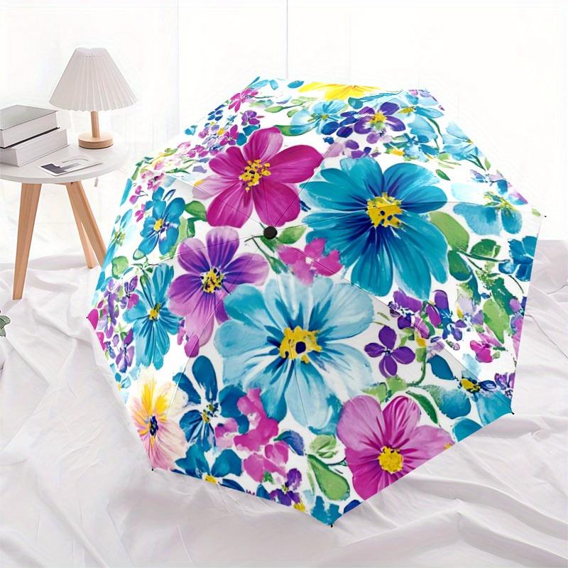 1pc Watercolor Flowers Automatic Folding Umbrella - 8-Rib Iron Frame,  Portable Sunshade with Plastic Handle yy250731218