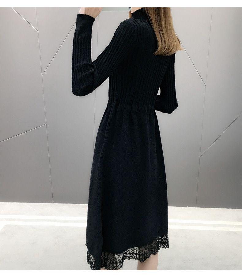 Women's Plus Velvet Thick Mid-Length Knit Sweater Dress - Loose Fit with Lace and Half-High Collar for Autumn and Winter