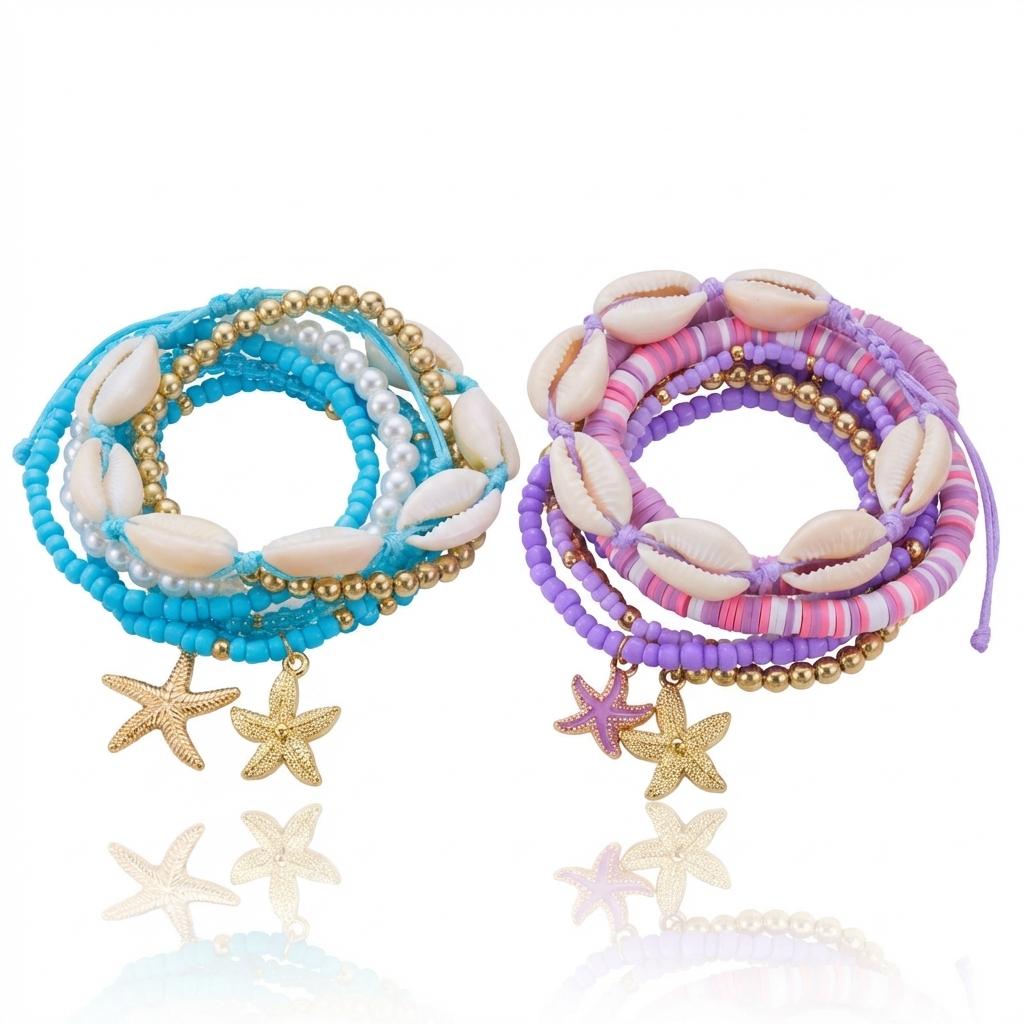 Colorful Dopamine Starfish Shell Beads Elastic Bracelets Set for Women Bohemian Heishi Chain Bracelet Summer Party Jewelry Gift