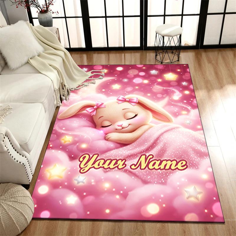 1PC Custom Name Dreamy Bunny Night Theme Floor Mat Ideal for Living Room, Game Rooms, Office, Bedroom,Floor Mat Playful Design