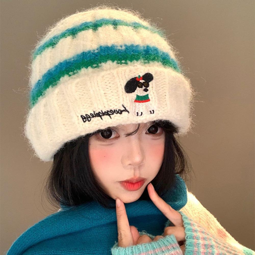 Puppy Embroidery Beanie Cap Winter Warm Crochet Bonnet Hat Cute Winter Knitted Hat Outdoors