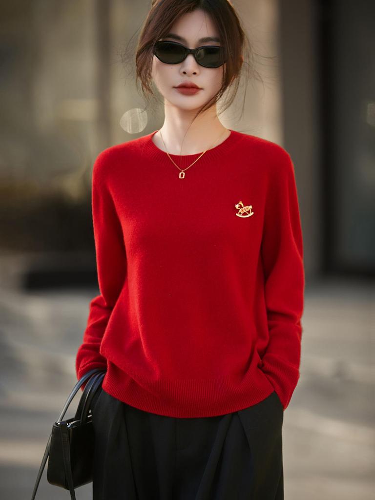 Women's 2026 Year of the Horse Red Wool Sweater - Lucky Knitwear