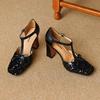 Krazing Pot Paillettenstoff Quadratische Zehenpartie Größe 41 High Heels Bling Glänzend Party Hochzeitsschuhe Herbst Schleife Pumps