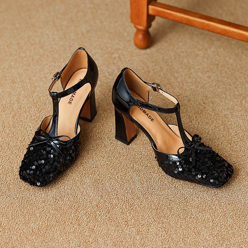 Krazing Pot Paillettenstoff Quadratische Zehenpartie Größe 41 High Heels Bling Glänzend Party Hochzeitsschuhe Herbst Schleife Pumps