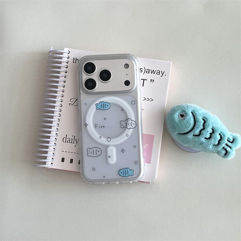 Korean Plush Fish Magnetic Stand iPhone Case for 14/15/16ProMax/17