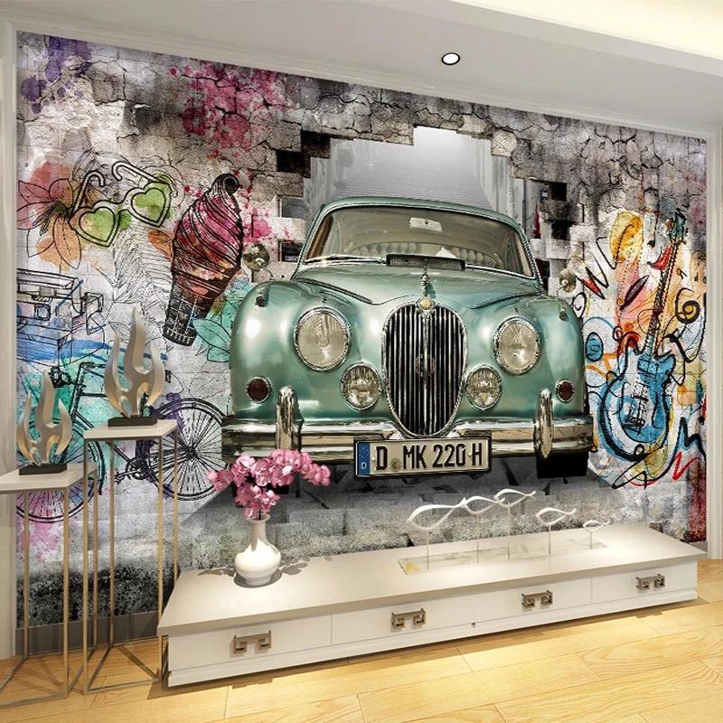 3d Wallpaper Retro Old Car Hand-Painted Graffiti Wall Mural Restaurant Cafe Bar Removable Home Decor