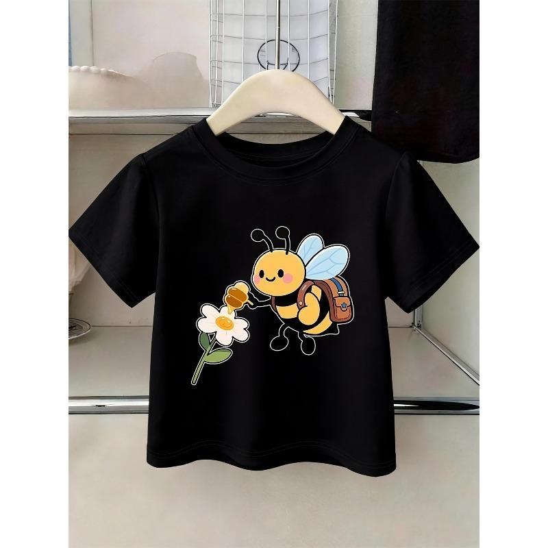 European sizes Cartoon-style Cute Little Bee Collecting Honey" Letter/cartoon Print, Girls' Short-sleeve T-shirt, Suitable for Summer Wear