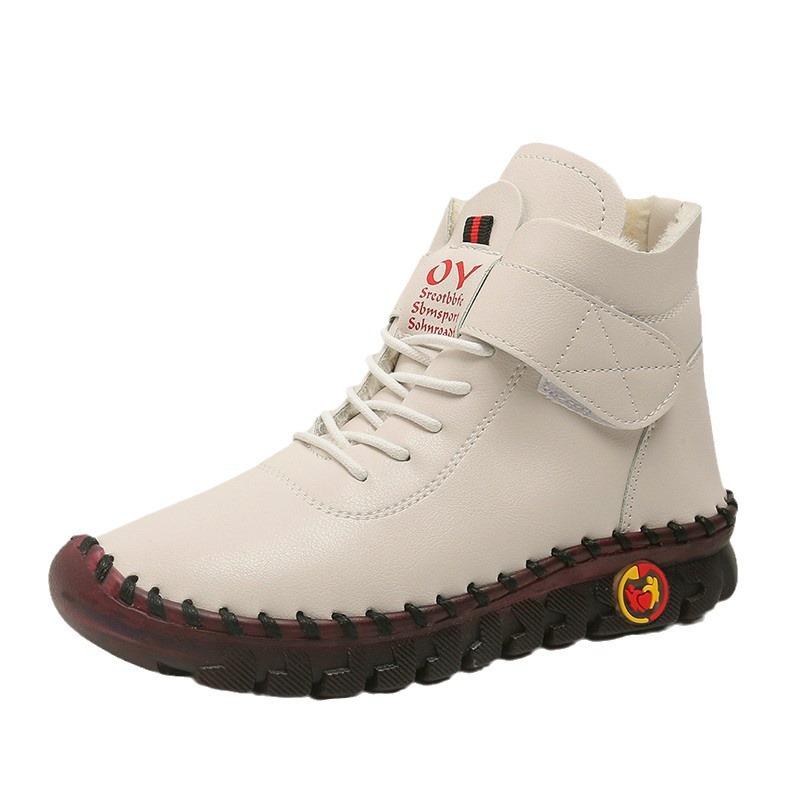 Large Size Cotton Shoes Hand-stitched Thick-soled Beef Tendon Sole Fluffy Shoes Women's Shoes Winter Velvet Warm Mother Shoes Soft-soled Short Boots