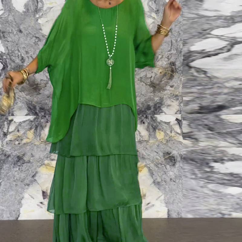 Polyester Chiffon Batwing Sleeve Long Dress With Ruffle And Loose Waist For Spring Fashion