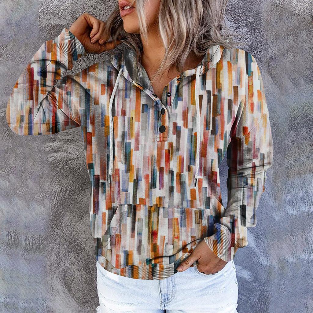 Dámská ležérní móda Vintage potisk mikiny s dlouhým rukávem, knoflíky, mikiny s kapucí