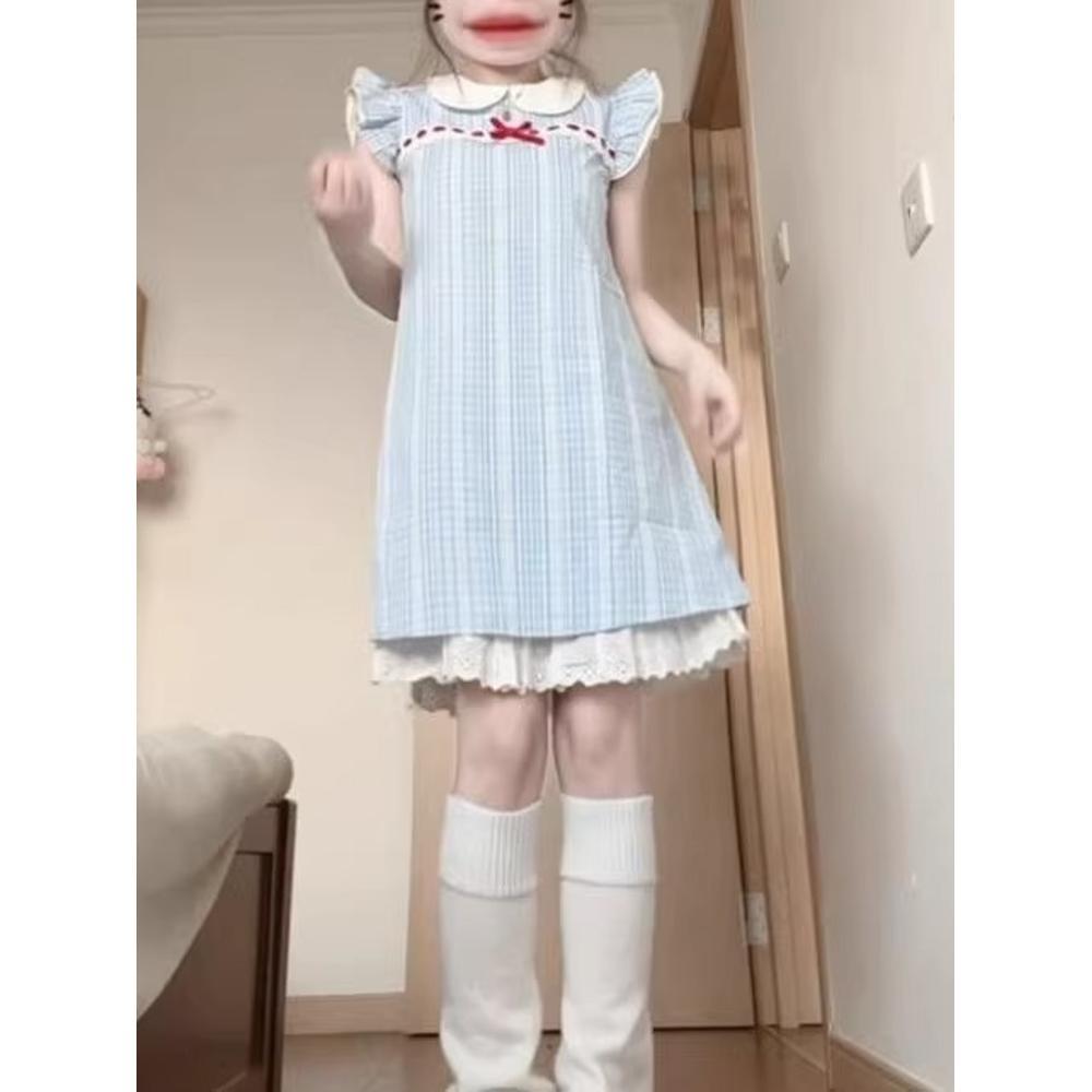 Sweet plaid lace short sleeve summer new nightdress Japanese student dress loose pajamas can be worn outside