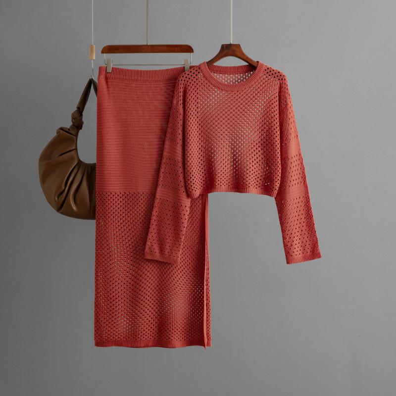 European and American Women's Clothing 2024 New Summer Hollow-out Knitted Shirt Long Skirt Fashion Two-piece Dress