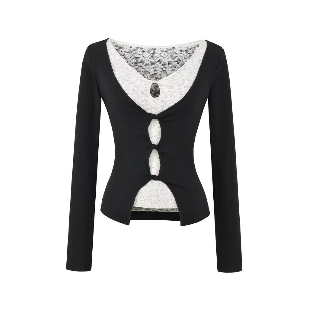 Lace Patchwork V-Neck Two-Piece Long-Sleeve Slim-Fit T-Shirt for Women - Spring/Autumn