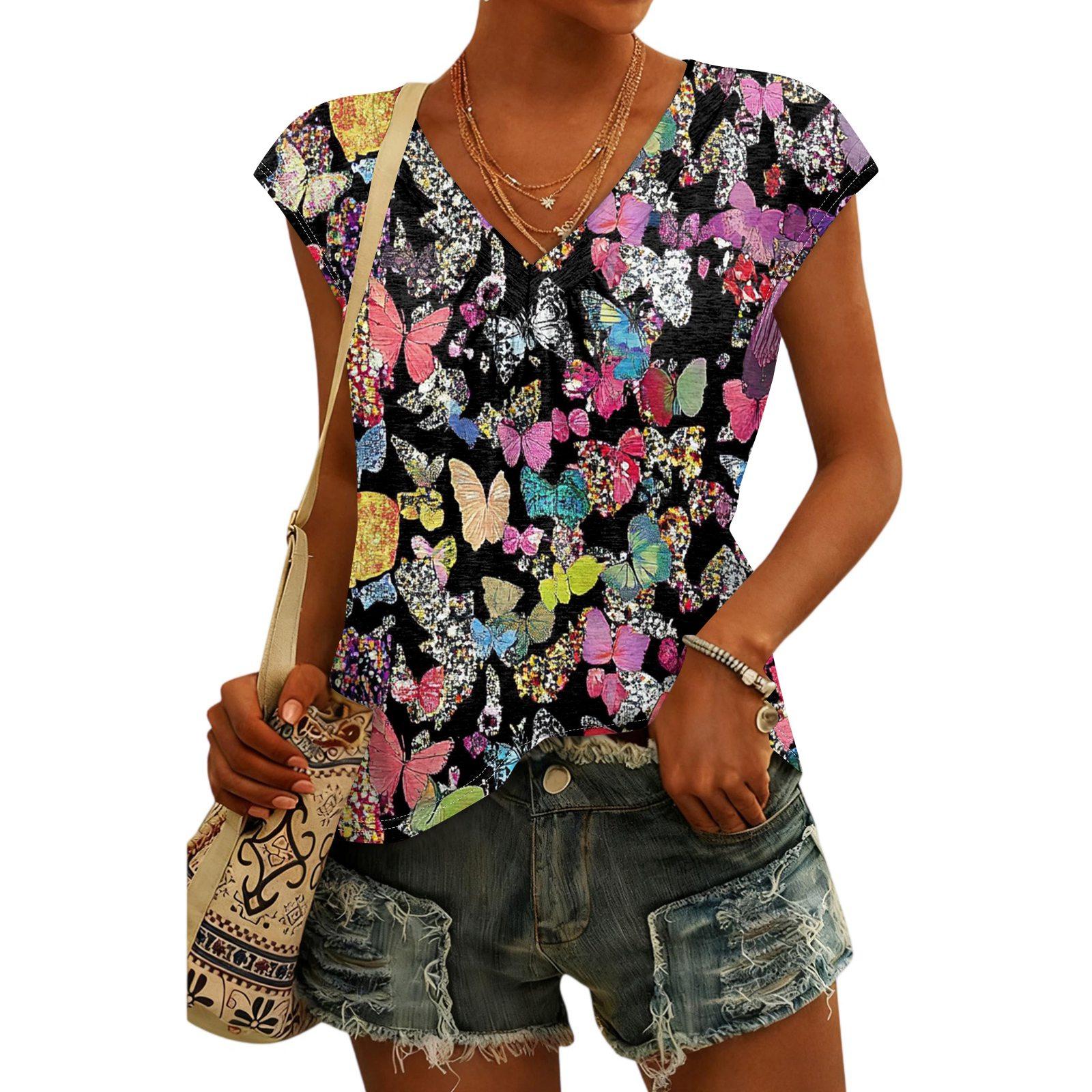 

Women s Fashion V-neck Vintage Floral Print Short Sleeve Top M чорний
