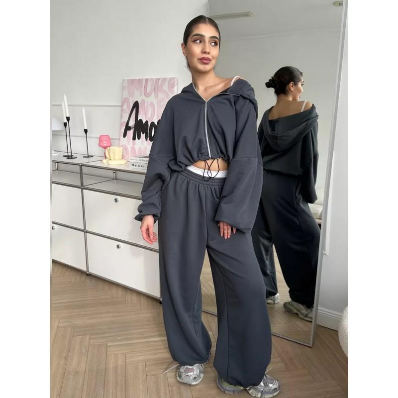 Womens Casual 2-Piece Set: Solid Color Long Sleeve Zip-Up Hooded Sweatshirt Elastic Waist Jogger Pants