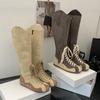 Stivali Bassi alla Moda Marroni da Donna Punta Tonda Allacciatura Scarpe Invernali Stile Sportivo Vintage Tacco Basso Stivali Lunghi Cachi Botas De Mujer