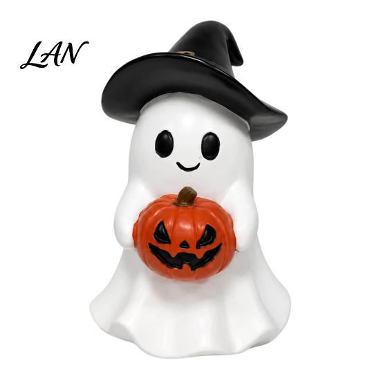 Halloween Ghost Figurine Figurine, Cute Resin Holding Pumpkin Healing Room Accessory Statue for Desk Tabletop Indoor Home Decor Whimsical