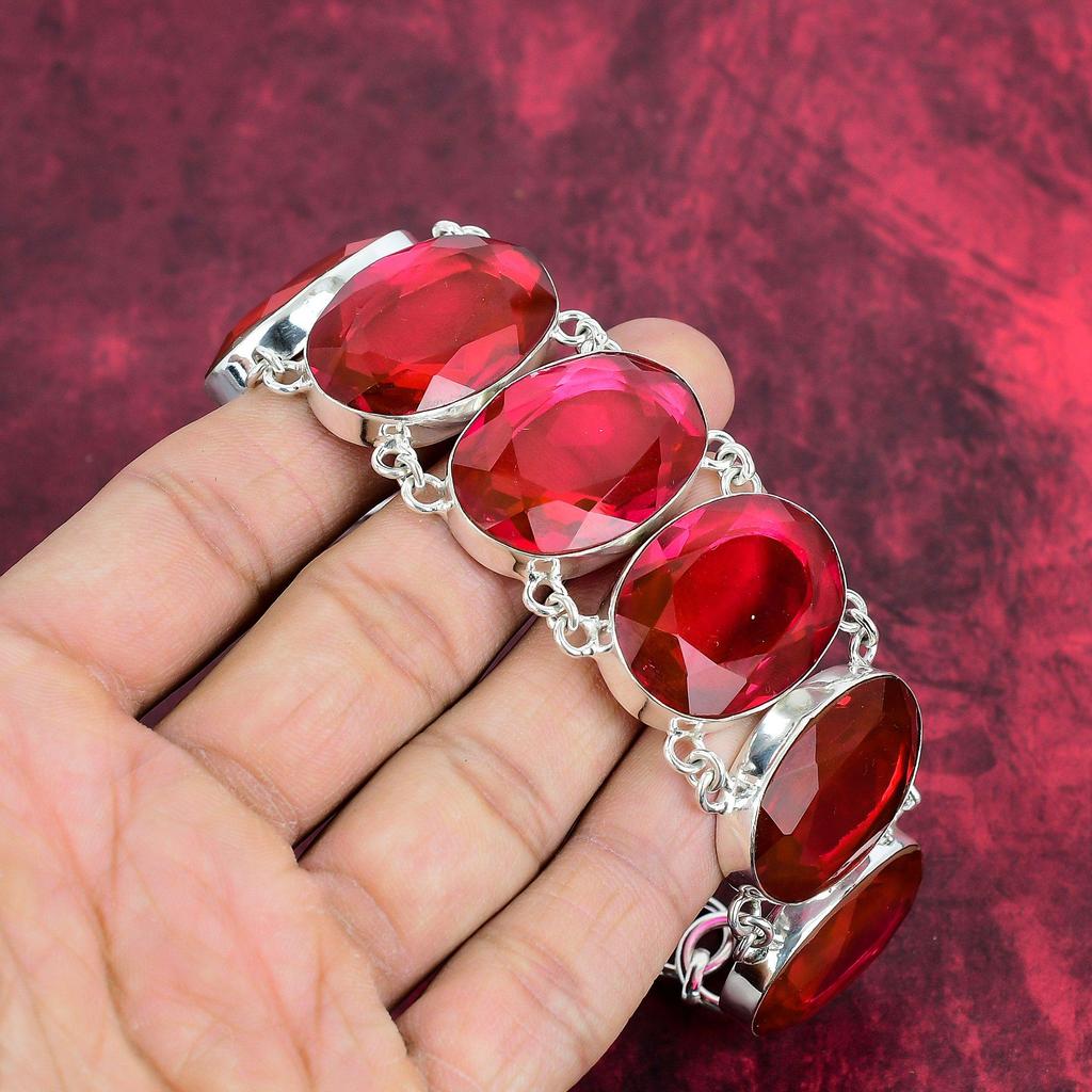 Faceted Rubellite Bracelet Gemstone Jewelry,925 Solid Sterling Silver Bracelet, Adjustable Handmade Chain Bracelet Gift For Love Jewelry