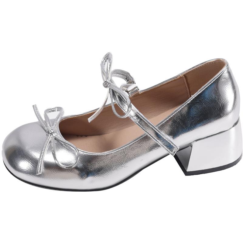 

Весна 2025 новые простые модные туфли-лодочки на толстом каблуке с квадратным носком, трендовые маленькие кожаные туфли с бантом 40