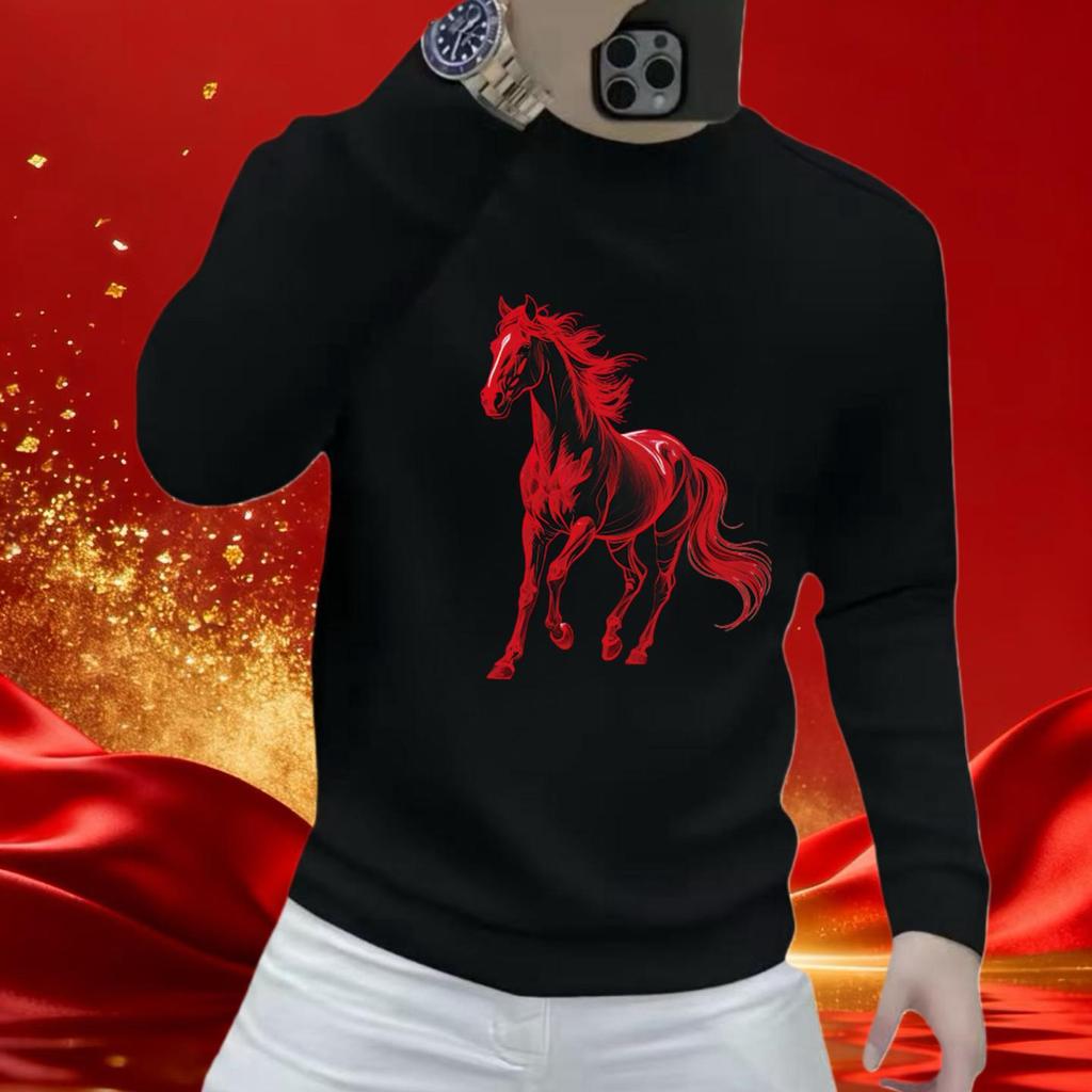 2026 Year of the Horse Zodiac Men's Red Hoodie - Cotton Print Long Sleeve T-Shirt Top