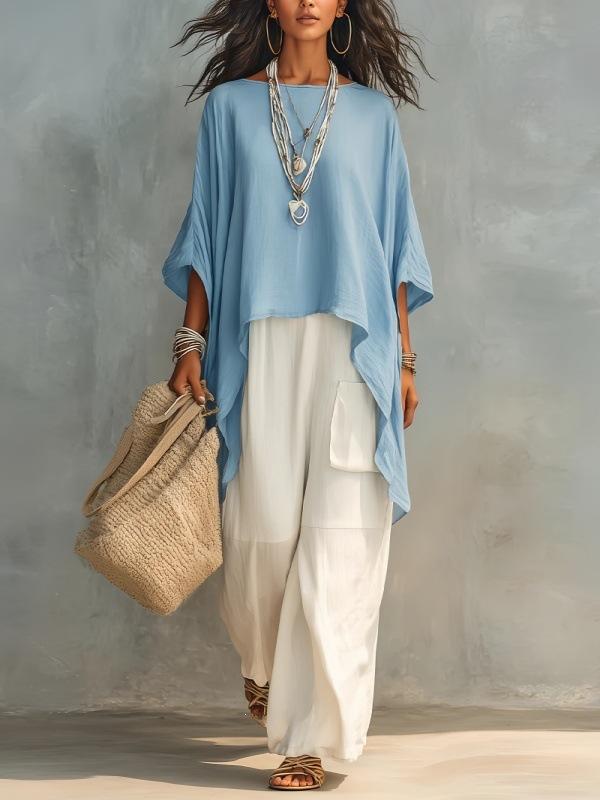 2026 new European and American style loose bat sleeve dress women s summer new solid color casual vacation dress S небесно-голубой