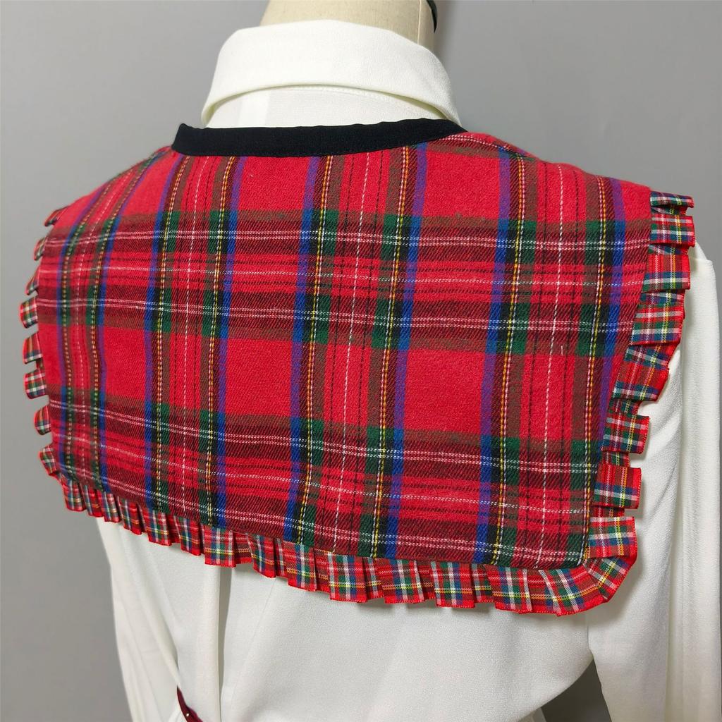 Decorative Ruffled Trim False Collar Neckline for Women Vintage Checkered Plaids Shawl Scarf Bows Tie Capelet Ponchos