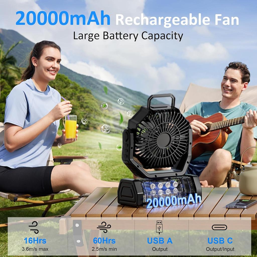 Portable Fan Rechargeable, 20000mAh Cordless Battery Powered Camping Fan with LED Light & Remote, 4 Speeds Wind, Timer, USB C