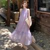 Gentle Wind Purple Flower Sleeveless Neck Dress Women's Summer Loose Skirt French Holiday Dress Big Swing Dress