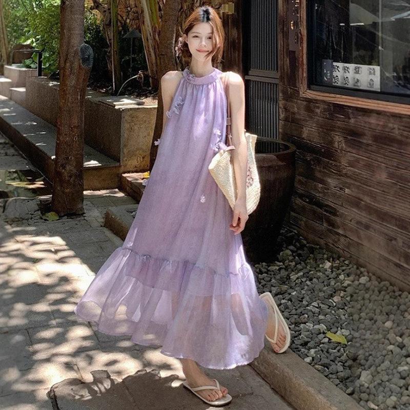 Gentle wind purple flower sleeveless neck dress women's summer loose skirt French holiday dress big swing dress
