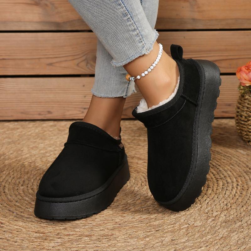 Damen Chunky Plateau Schneestiefel - Runde Zehenpartie Schlupf-Stiefeletten mit Plüsch-Faux-Fur-Futter für den Winter, Gemütliche Retro-Stiefel