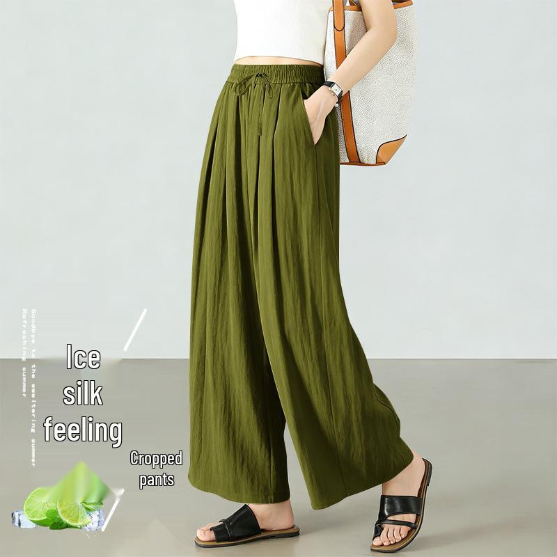 Women's Summer Ice Silk Cropped Loose-Fit Plus Size Pants, Elastic Waist & Petite 8-Point Casual Thin Pants