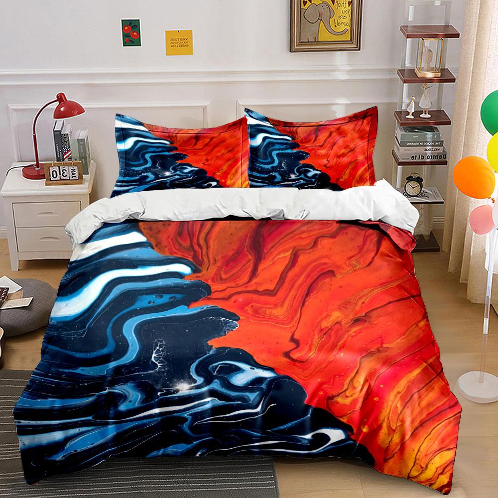 3Pcs Fire and Water Fluid Art Bedding Set, Red and Blue Abstract Print Duvet Cover + 2 Pillowcases, Bold Decor