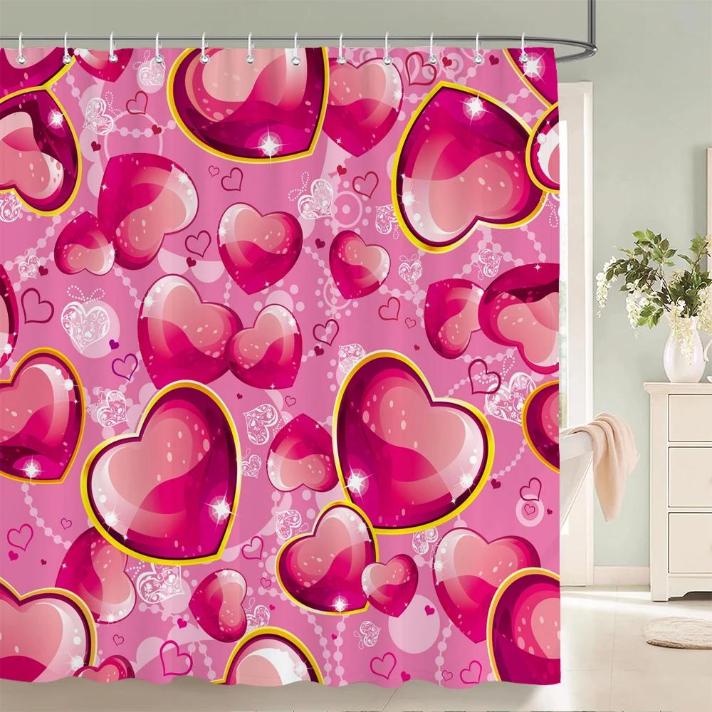 1Pcs Colorful Love Pattern Fabric Waterproof Shower Curtain, Home Decoration Romantic Heart Shape Bathroom Curtain, with Hooks