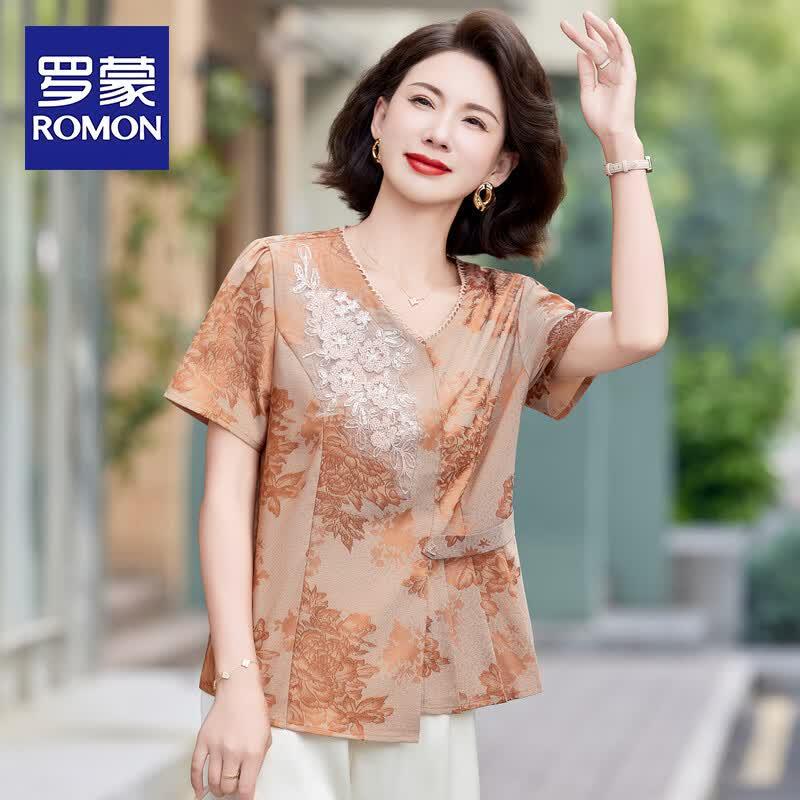 ROMON New Chinese Style Mid-Aged Women s Summer Blouse XL