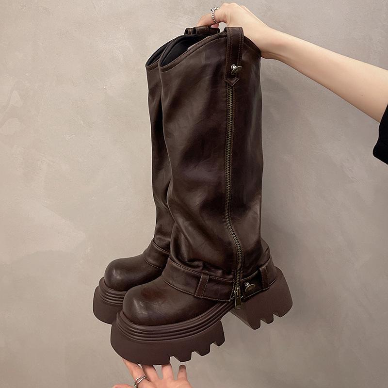

Женские ботфорты на толстой подошве 2025 осень-зима новая коллекция британский стиль высокие ботфорты-брюки маленькие облегающие рыцарские ботинки 40 коричневый
