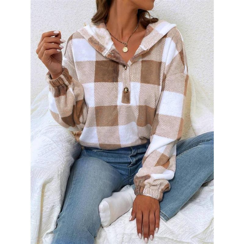 Autumn and Winter New Plaid Semi-open Neck Nail Buckle Loose Plush Hooded Casual Sweater Women's Clothing