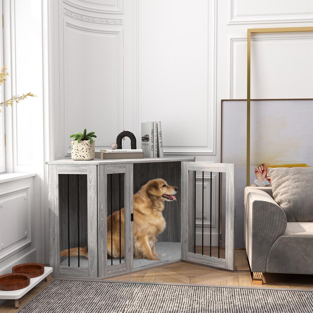 Dog Crate Furniture Side Table, with Cushion, 122 x 61 x 71cm - Grey