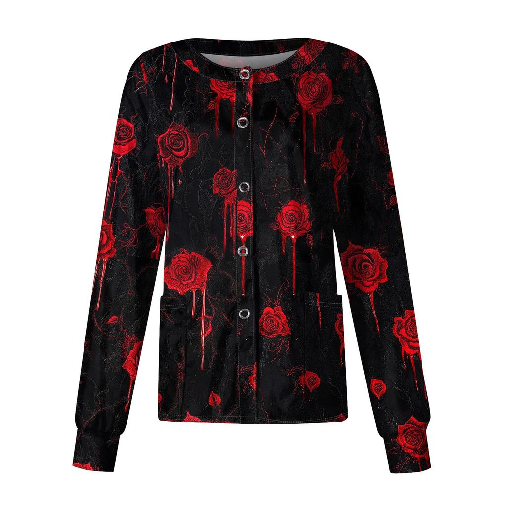Women's Casual Fashion Single Breasted  Halloween Graphic Printed Nurses Tops