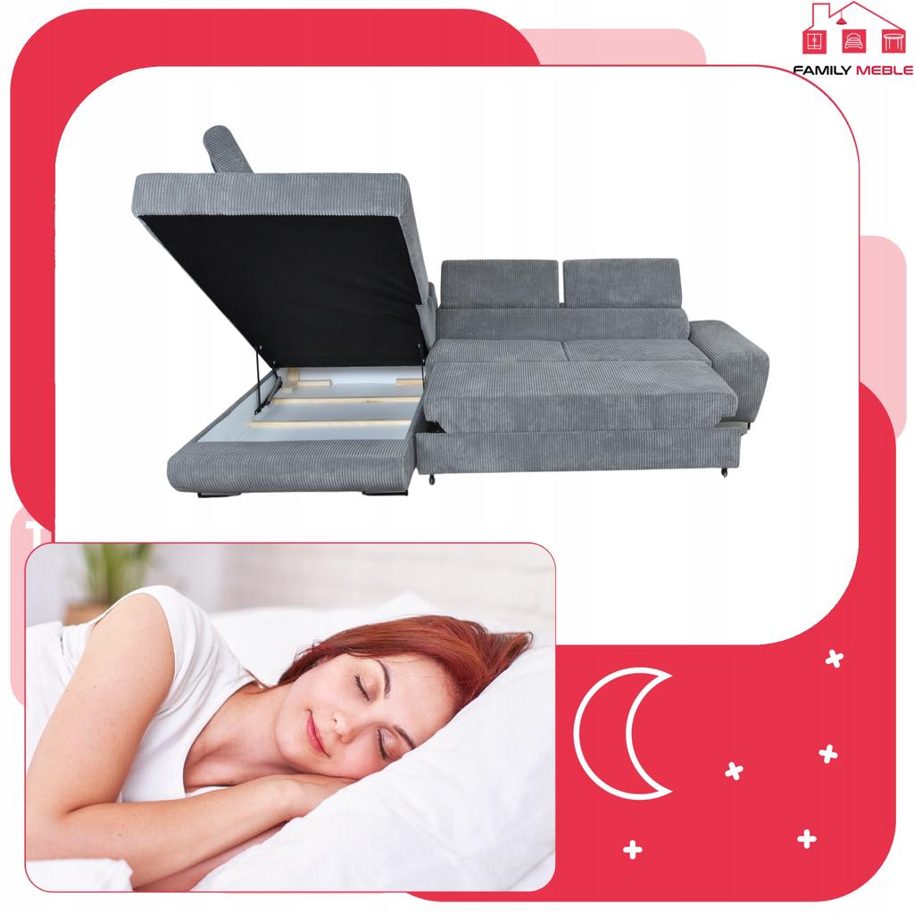 Corner Sofa, Foldable, F, Sleeping, Savio, Left, Family Furniture, Gray Corduroy